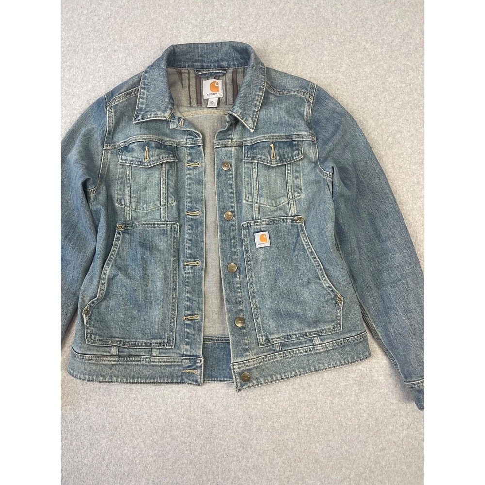 Carhartt Benson Denim Jacket Womens M Blanket Lined Button Up Rugged Flex - Picture 2 of 14